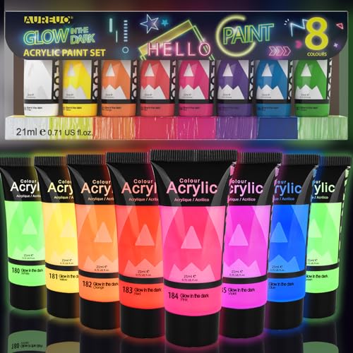 AUREUO Glow in the Dark Acrylic Paint - 8 Colors x 0.71 Fl Oz / 21ml Neon UV Black Light Paints for Rocks Wood Craft Canvas Paint Party Supplies