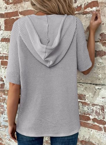 Image of Dokotoo Womens Summer Tops Waffle Knit Short Sleeve Lightweight Drawstring Hoodies Button V Neck Casual Blouses Shirts
