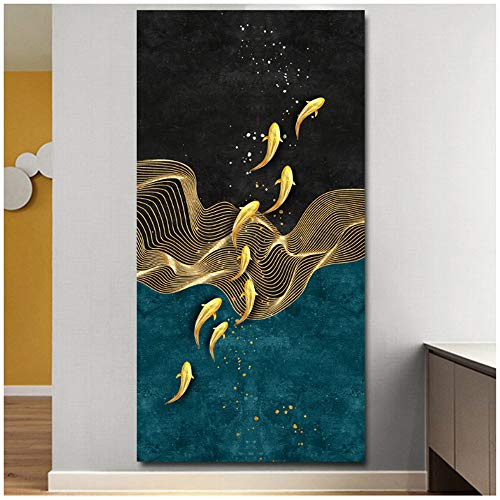 juntop Abstrait Or Lotus Poissons HD Toile Peinture Moderne Affiche Art Style Chinois Décor Mur Photos pour Salon 30x60 cm / 11.8"x 23.6" sans Cadre