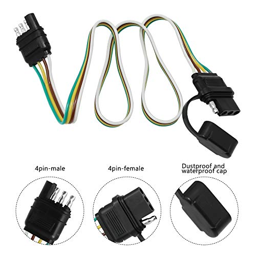 Image of Hoypeyfiy 4-Way 32 inch Flat Trailer Light Wiring Harness with Dust Cover 4 Wires 4 Pin Trailer Plug 4 pin Flat Wire Extension Male & Female Connector Replacement Connector for Trailer Hitch Wire