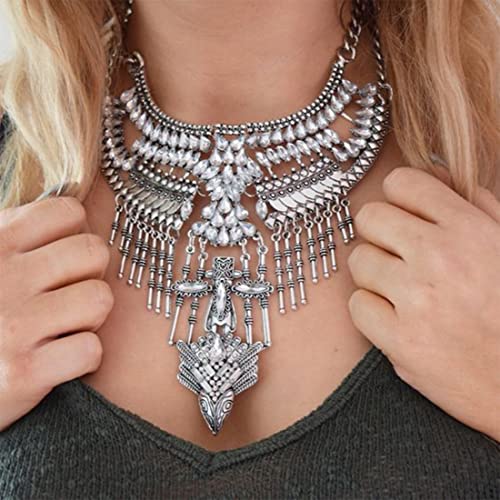 Long Tassel Chunky Boho Coin Statement Necklace For Women Silver (Style 4) #TOP3