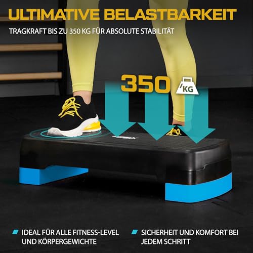 TREX SPORT Steppbrett für zuhause höhenverstellbar TX-030AS | 68×28×10/15/20cm Aerobic Stepper 3 Stufen, rutschfest, bis 350kg belastbar | Stepboard Blau