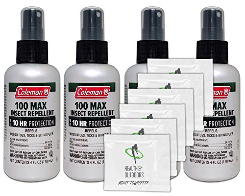 Coleman Max 100% Deet Insect Repellent 4 oz Pump Spray - Pack of 4 - w/ (6) Healthandoutdoor Hand Wipes