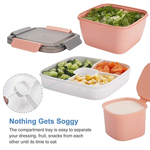 Image of Freshmage Salad Lunch Containers To Go, 2 Pack 52-oz Bowls with 3 Compartments, Dressing Containers for Toppings, Snacks - Pink & Green