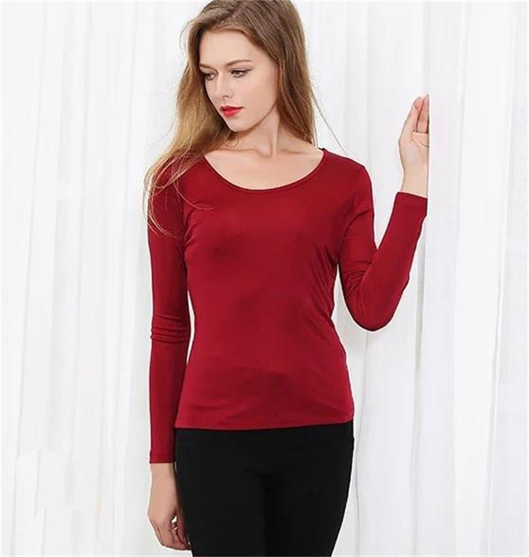 Women's Silk Viscose Blend Long Sleeve Top Solid Color Thermal Basic Undershirt Base Layer