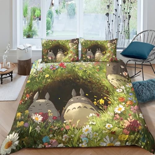 CTJQHVKZ Microfibre Doux Totoro forêt Housse de lit 3D imprimée Fleurs champêtre Bed Cover pour Chambre Adulte Adolescent Cadeau Maison Single（135x200cm）