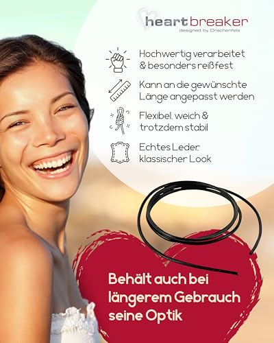 Heartbreaker Lederband schwarz I 2 mm x 1 m I Hochwertiges Band aus Echtleder I Edle Lederkette für Damen & Herren I Lederschnur ideal als Halskette, Armband & Fußkette I HB LD 1