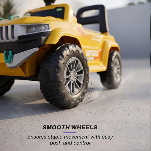 Image of Baybee Speedy Baby Ride on Car for Kids | Portable Kids Car with LED Lights, Music & Storage Basket | Push Toy Cars with High Backrest | Toddler Rideons Jeep for 1 to 3 Years Boys Girls (Yellow)