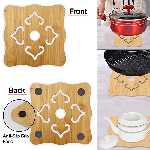 Image of HOKIPO Eco-Friendly Bamboo Wooden Coasters for Home Pan Pot Holder for Dining Table Heat Pad for Kitchen - Pack of 2 (AR2820-D3)