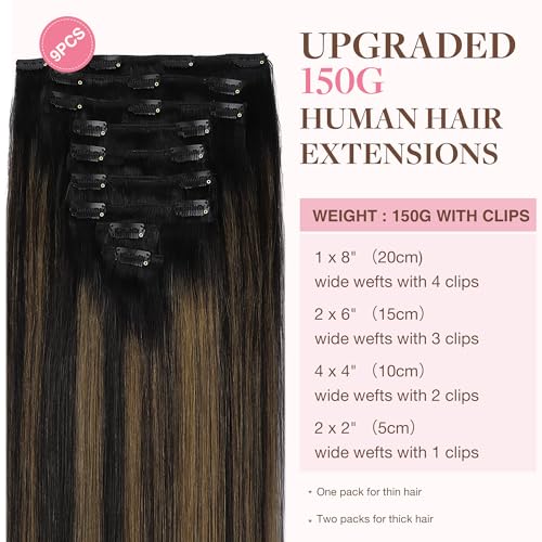 Image of GOO GOO Clip in Hair Extensions Real Human Hair, Remy Human Hair Extensions Clip ins for Women, Natural Human Hair, 16inch 150g 9Pcs, 1B /6 /1B Balayage Natural Black to Chestnut Brown