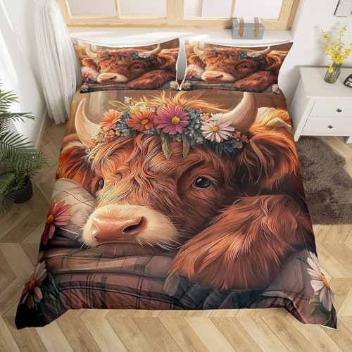 Highland Cattle Decorations Beddding,Wildlife Animals Flower Duvet Cover for All Season,Rustic Farmhouse Kids Bedroom Decor Comforter Cover (No Filler) Full Size,3PCS