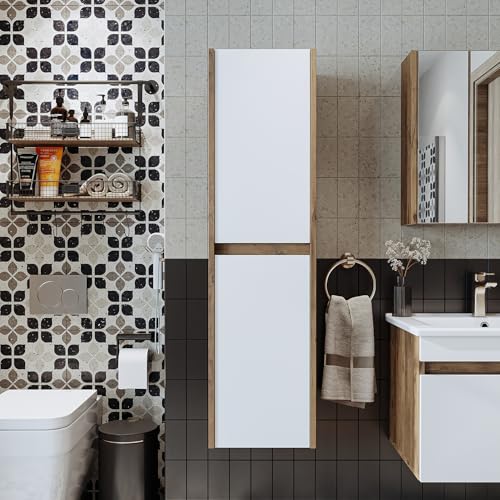 ROOMART Melona II Ensemble de meubles de salle de bain 3 pièces, en 4 couleurs, meuble bas de 65 cm, armoire basse à miroir • Armoire haute (chêne blanc,...