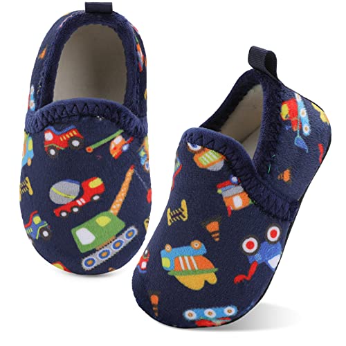 XIHALOOK Cute Soft Slippers for Toddler Boys Girls Slip on House Shoes Indoor for Walking Running Non-slip Navy Car, 5.5-6 Infant