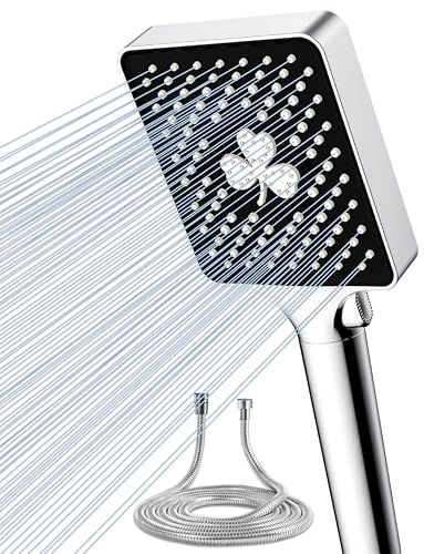 Magichome Alcachofa de Ducha con 1.5M Manguera, Cuadrado Cabezal Ducha Mano de Alta Presión con 6 Tipos de Chorro, Shower Head de Grande, Ducha de Lluvia con Ahorro de Agua, Cromado