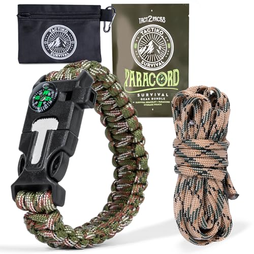 Tactiko Survival Bracelet & 10' Paracord Bundle – Fire Starter, Compass, Emergency Whistle, Mini Saw - Tactical Outdoor Survival Gear for Camping, Hiking, and Emergency Kits - U.S. Company