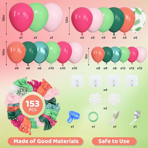 Image of Amandir 153pcs Tropical Balloon Arch Kit Different Sizes | 18 12 10 5 inch Hot Pink Green Orange Palm Leaves Hawaiian Luau Balloons for Summer Aloha Birthday Beach Party Decorations