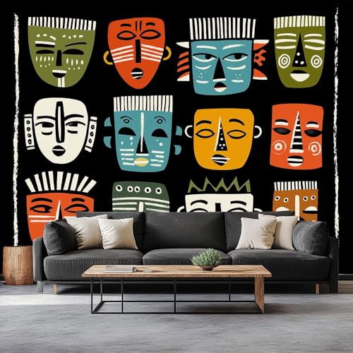 Papel pintado bohemio para sala mural tribal exótico máscaras africanas mural 200 x 140 2