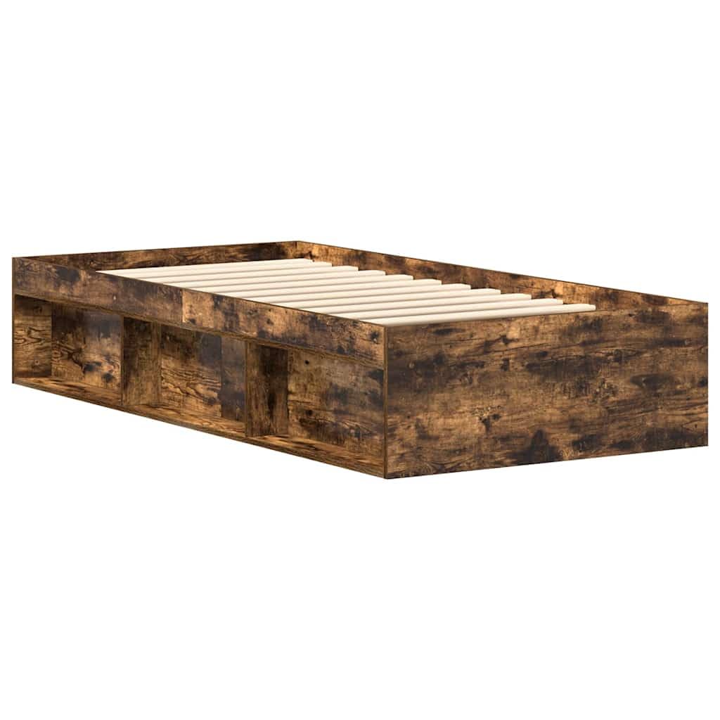 Nowoczesna rama łóżka, dąb wędzony, 90 x 190 cm, wytrzymała rama łóżka z 6 półkami, listwy ze sklejki, stabilna platforma podstawa materaca do sypialni, rozmiar Queen Size