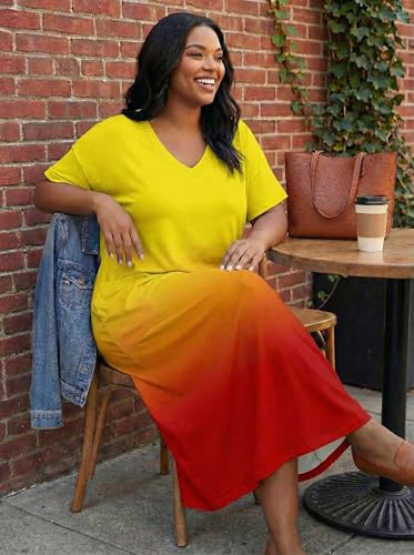 Image of SUZONANA Women Casual T-Shirt Dress V Neck Short Sleeve Solid Color Oversize Dress with Front Two Pockets