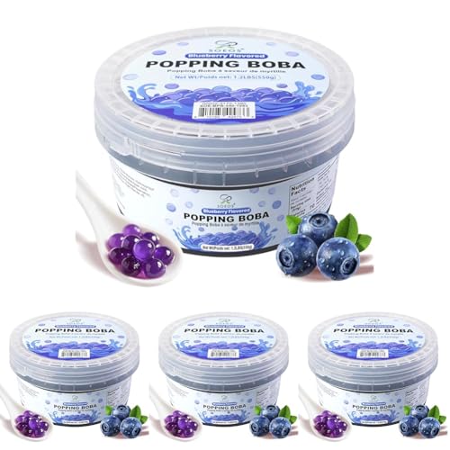 Soeos Blueberry Popping Boba, 550g – Bursting Boba Pearls for Bubble Tea, Frozen Yogurt, Desserts & Drinks (Pack of 4)
