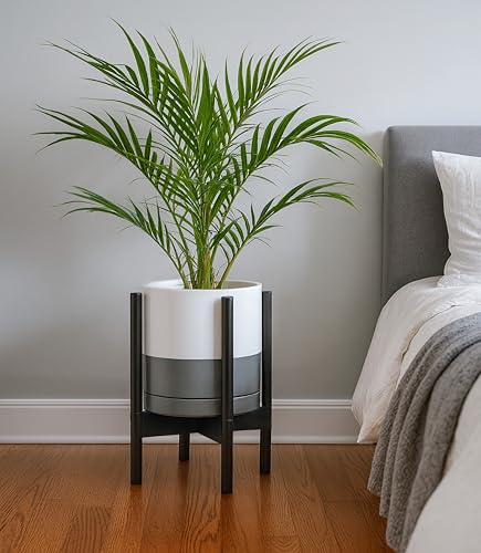 Pot de fleurs en céramique 25cm support bois ébène pot rond blanc gris - 7