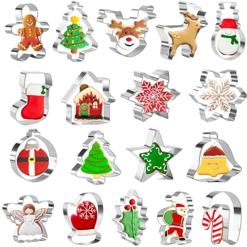 18 Stücke Weihnachten Ausstechformen Set zum Backen – Weihnachtsbaum, Schneeflocke, Lebkuchenmann, Weihnachtsmann und mehr Formen Weihnachts Ausstecher