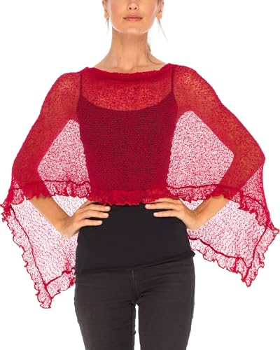 Image of SHU-SHI Women's Sheer Knit Poncho Shrug Lightweight Asymmetrical Ruffle Wrap Dressy Summer Shawl Cover Up Top