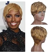 Yonova Caramel Blonde Pixie Cut Short Human Hair Wigs for Women Layered Long Side Bangs Pixie Hai...