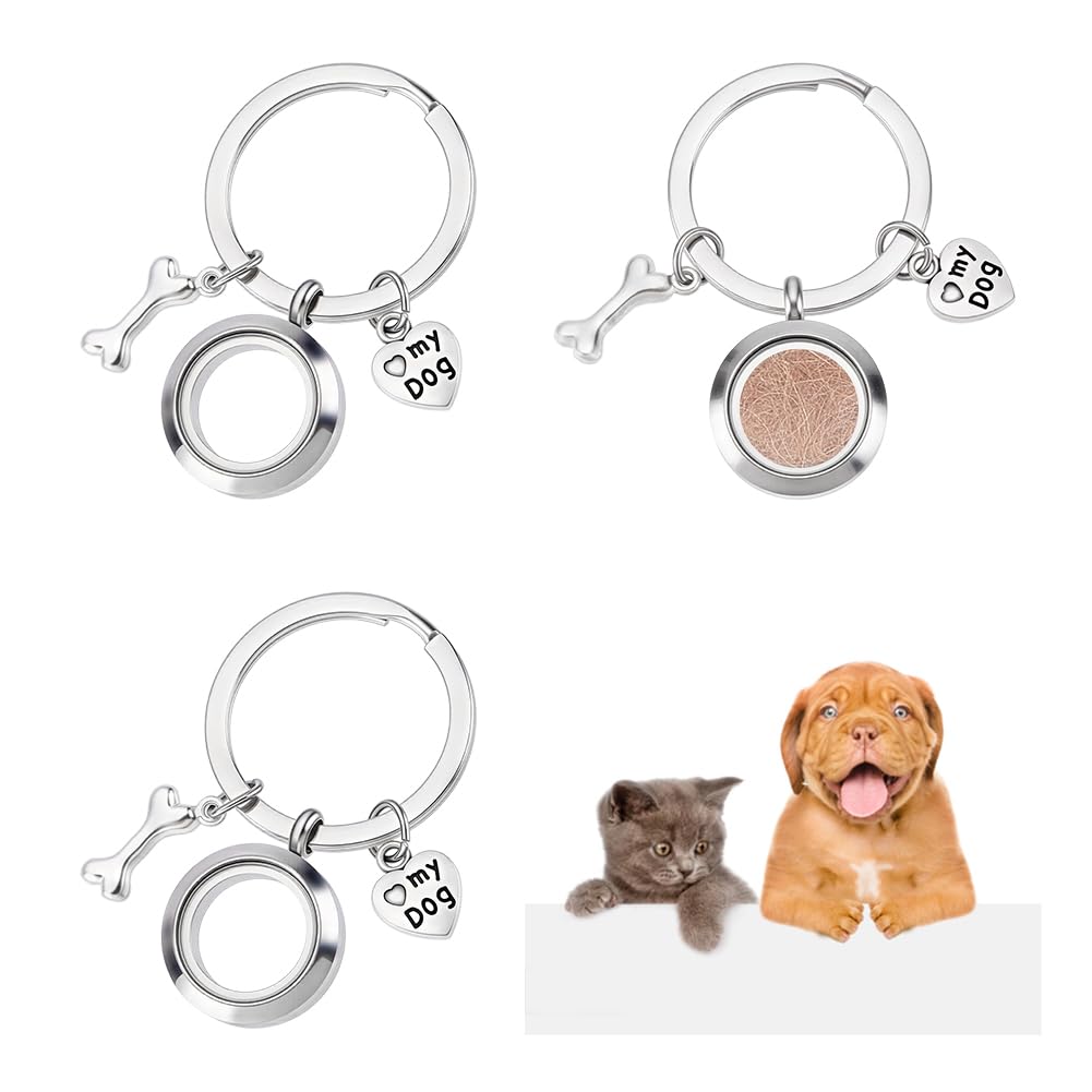 NBEADS 3 Pcs Dog Hair Keepsake Keychain, Locket Pendant Keychains with Bone & Heart Charm Pet Fur Memorial Keychain for Bag or Key