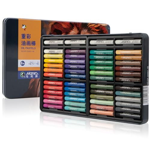 Maries Oil Pastels Set Tin Box 48 Colors + 4 Bonus White Sticks Rich Pigments Smooth Soft Texture for Painting Drawing and Sketching - for Artists Beginners Students and Teachers (10 x 70 mm)