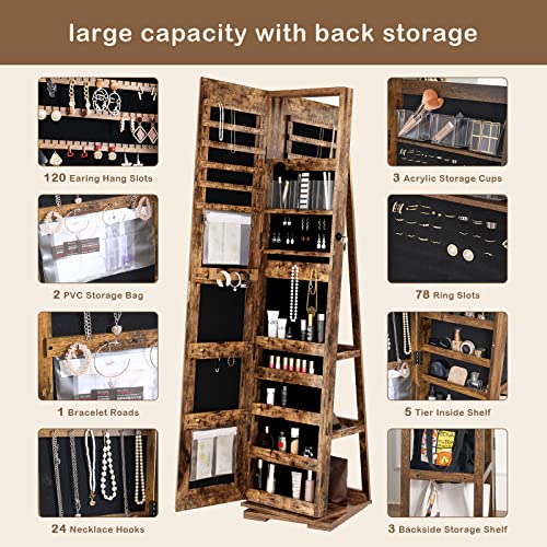 Sdhyl Jewelry Storage Cabinet With Mirror, 360° Rotating Jewelry Organizer Hanging, Full Length Mirror Wooden Jewelry Boxes & Organizers, Standing Jewelry Makeup Storage Lockable Armoire With Lock #TOP2