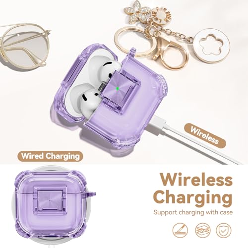 Image of for Airpods 4 Case with Safety Lock,Clear Case Soft TPU Shock-Proof Protective Cover with Cute Bling Keychain and Cleaner kit for Women Girls-Clear Purple