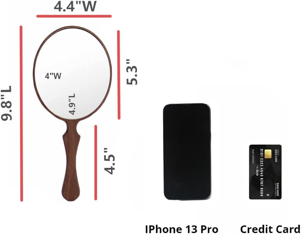 Vintage Hand Mirrors with Handle for Makeup, Touching Up and Shaving, Oval Hand Held Mirror for Men&Women, 9.8" L x 4.4" W, Multi-Purpose for Salon Home Travel, Decorative Walnut Wood (Small)