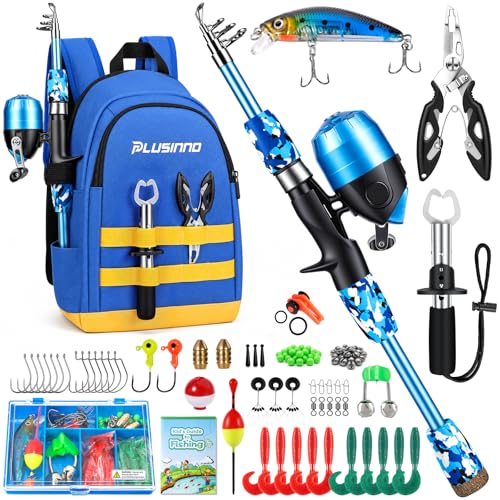 PLUSINNO Kids Fishing Pole Kids Telescopic Fishing Rod and Reel Combo Fishing Gear Kit with Backpack Tackle Box Spincast Reel Youth Toddler Fishing Poles for Boys Girls Age 3-5 5-10