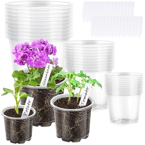 ABLY Transparent Plant Nursery Pot,30 Packs 3/4/5 inch Seedling Pot with Drainage Holes, Used for Planting Flowers, Seed Startup Pot, Comes with 30 Plant Labels Cover