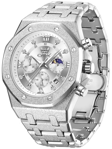 Image of OPK Men Analog Automatic Watches Waterproof Multifunction Chronograph Diamond Moon Phase Luminous Stainless Steel Band Wrist Watches