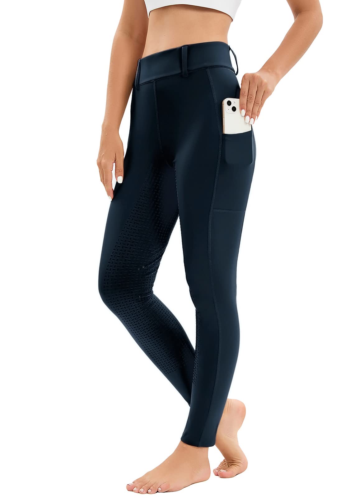 Havideto Reitleggings Damen Vollbesatz mit Handytasche, High Waist Reithose Damen Mädchen Stretch mit Gürtelschlaufen Marine Blau 3XL