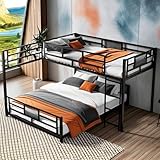 Elegant L-Shaped Metal Bunk Bed, Twin Over Full Size Bunk Bed with Ladders and Guardrails for Kids Teens Adults (Black#l)