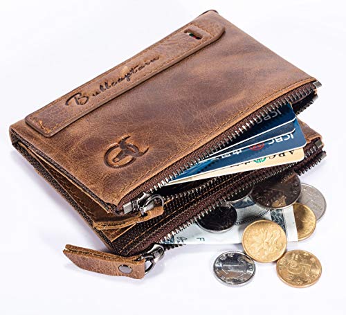 BULLCAPTAIN Genuine Leather Wallet for Men Vintage Bifold with Double Zipper Pockets (Brown)3