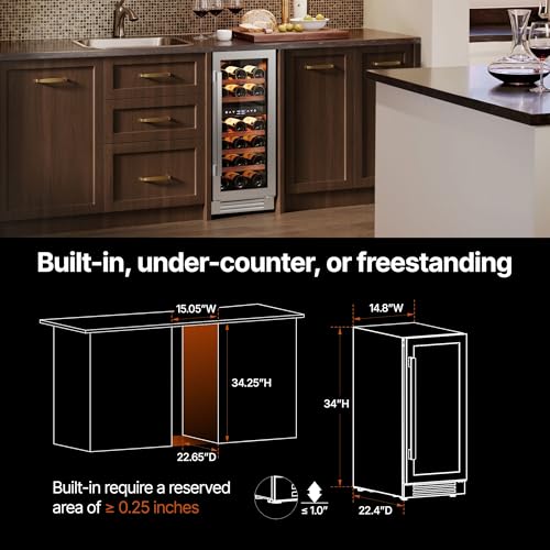 Image of Ca'Lefort 15 Inch Wine Fridge, 28 Bottle Dual Zone Wine Cooler | 40-65F Touch Control, Dual-Pane Glass Door, Adjustable Shelves, 3 Color LED, Built-In or Under Counter for Home Bar Kitchen