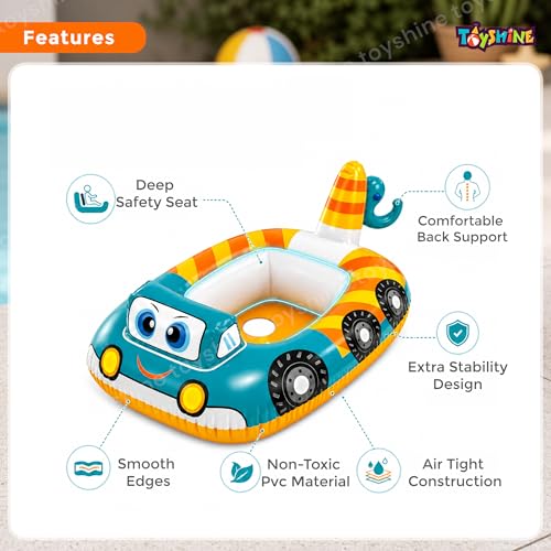 Image of Toyshine Inflatable Cute Car Design Inflatable Swim Tube Ring with Safety Seat Floating Mattress Raft for Toddler Kids Swimming Pool Tub Tube - 79 x 58 Cms