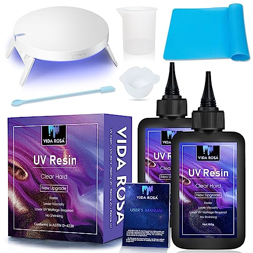 VidaRosa Kit de resina UV VIDA ROSA de 200 g, súper transparente con lámpara UV, varilla de silicona para agitar, taza medidora y almohadilla de silicona.