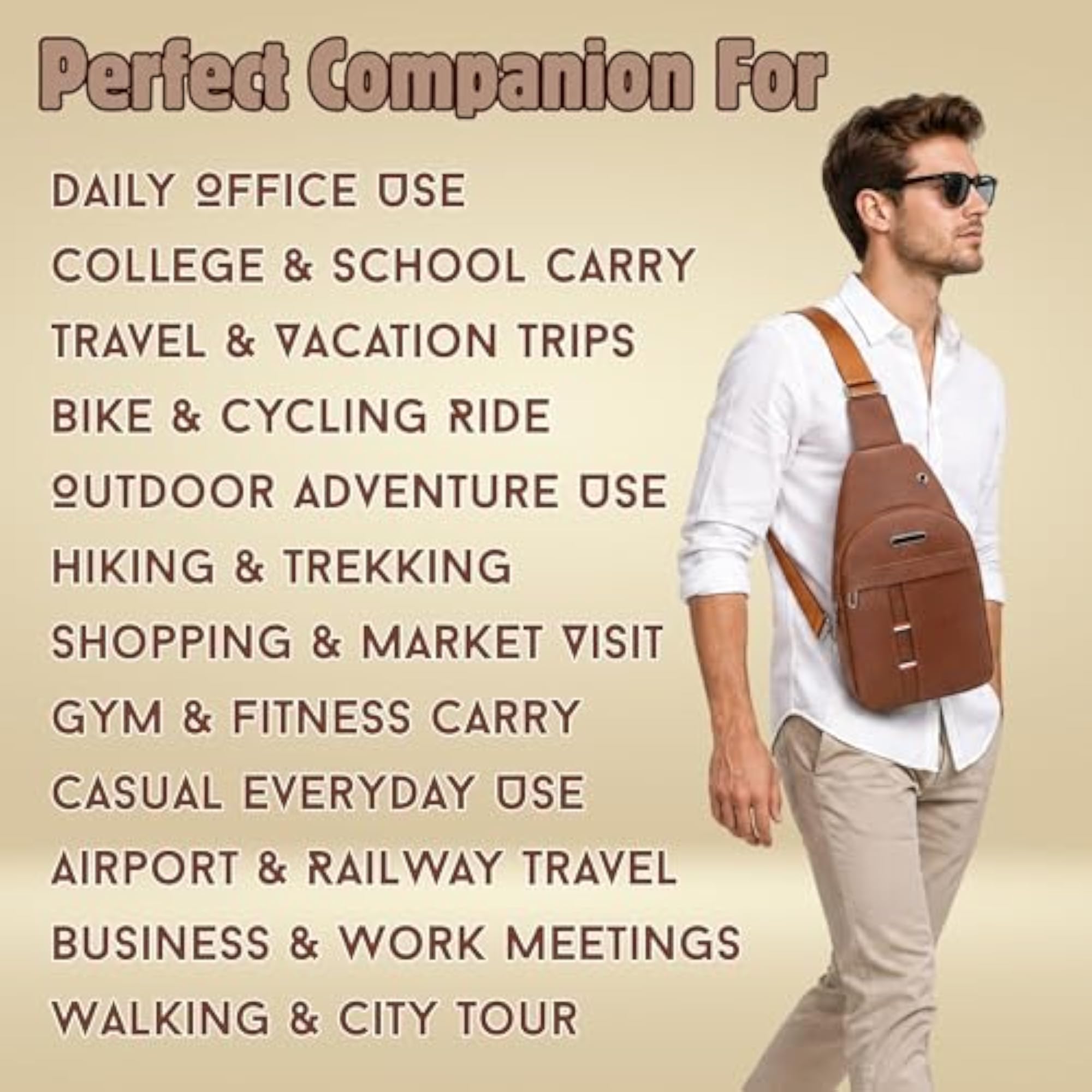 Waterproof Anti-Theft Sling Bag, Brown PU Leather