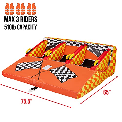 Towable Water Tube | 3-Person Inflatable Floating Raft for Boating with Cushion Seats, Grip Handles, Dual Tow Points & Speed Safety Valve for Fast Inflation | 12V Air Pump & Tow Rope Included - Thumbnail 3