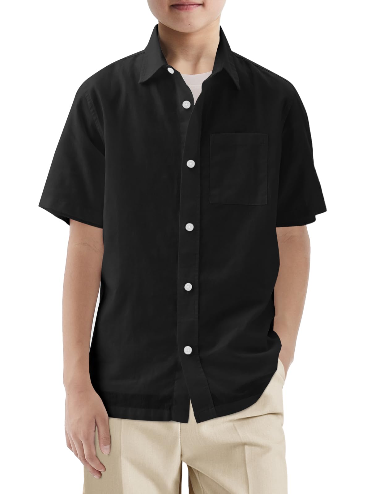Haloumoning Boys Short Sleeve Dress Shirts Kids School Uniform Button Down Shirt with Chest Pocket 5-14 Years