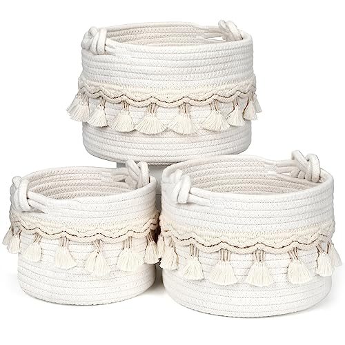 Image of Roshtia 3 Pieces Cotton Rope Basket Set, Boho Woven Baskets with Tassel for Organizing, Small Storage Basket Bathroom Accessories for Family Cloth Organization Home Basket, Gift Basket