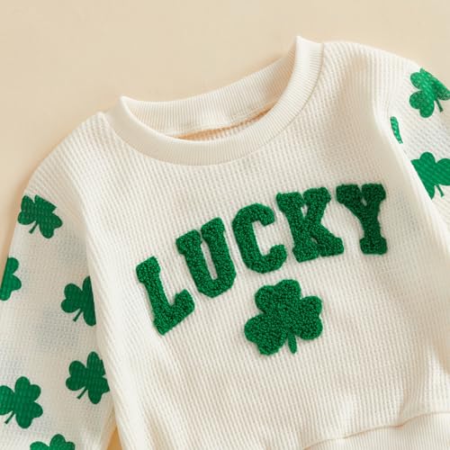 Image of Toddler Baby Boy Girl St Patricks Day Outfit Lucky Embroidery Waffle Long Sleeve Sweatshirt Pants Spring Clothes Set