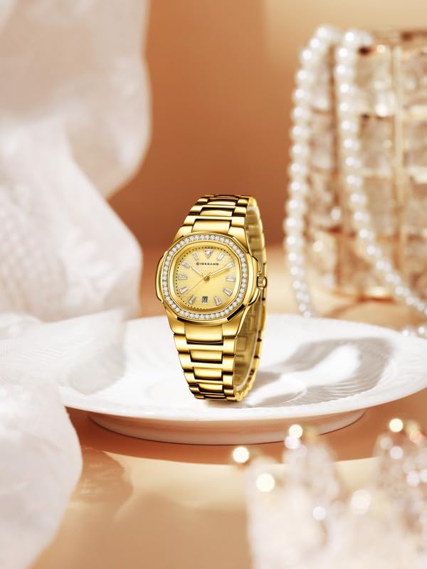 Image of Giordano Luxury Analog Quartz Watch for Women with Square Textured Dial, Crystal Indices, Date Display Function and Stainless Steel Strap - GZ-60116