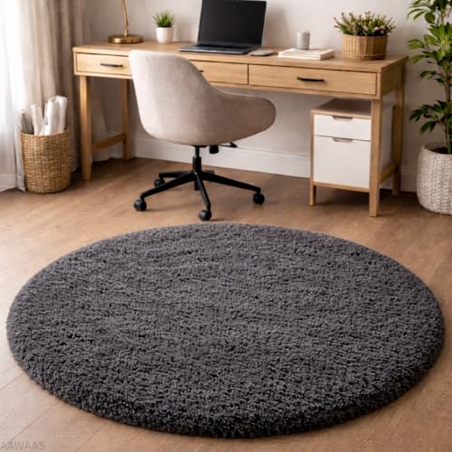 Image of Premium Polyester Shaggy Round Rug - Ultra Soft Fluffy Circle Carpet for Bedroom, Living Room, Kids Room, Anti-Skid Plush Floor Rug - (Dark Grey, 4 feet|120cm)