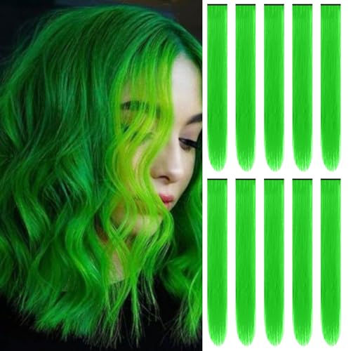 TOFAFA 22 inch Colored Hair Extensions Straight Hairpiece, Multi-colors St. Patrick's Day Party Highlights Colorful Clip in Synthetic Hair Extensions for Women Kids Girls Cosplay Gift(10 PCS Green)